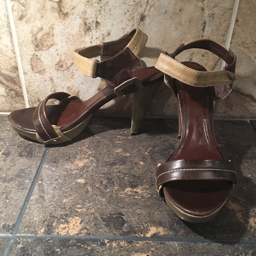 Wanted Brown & Tan Velcro Strap Sandal Heels